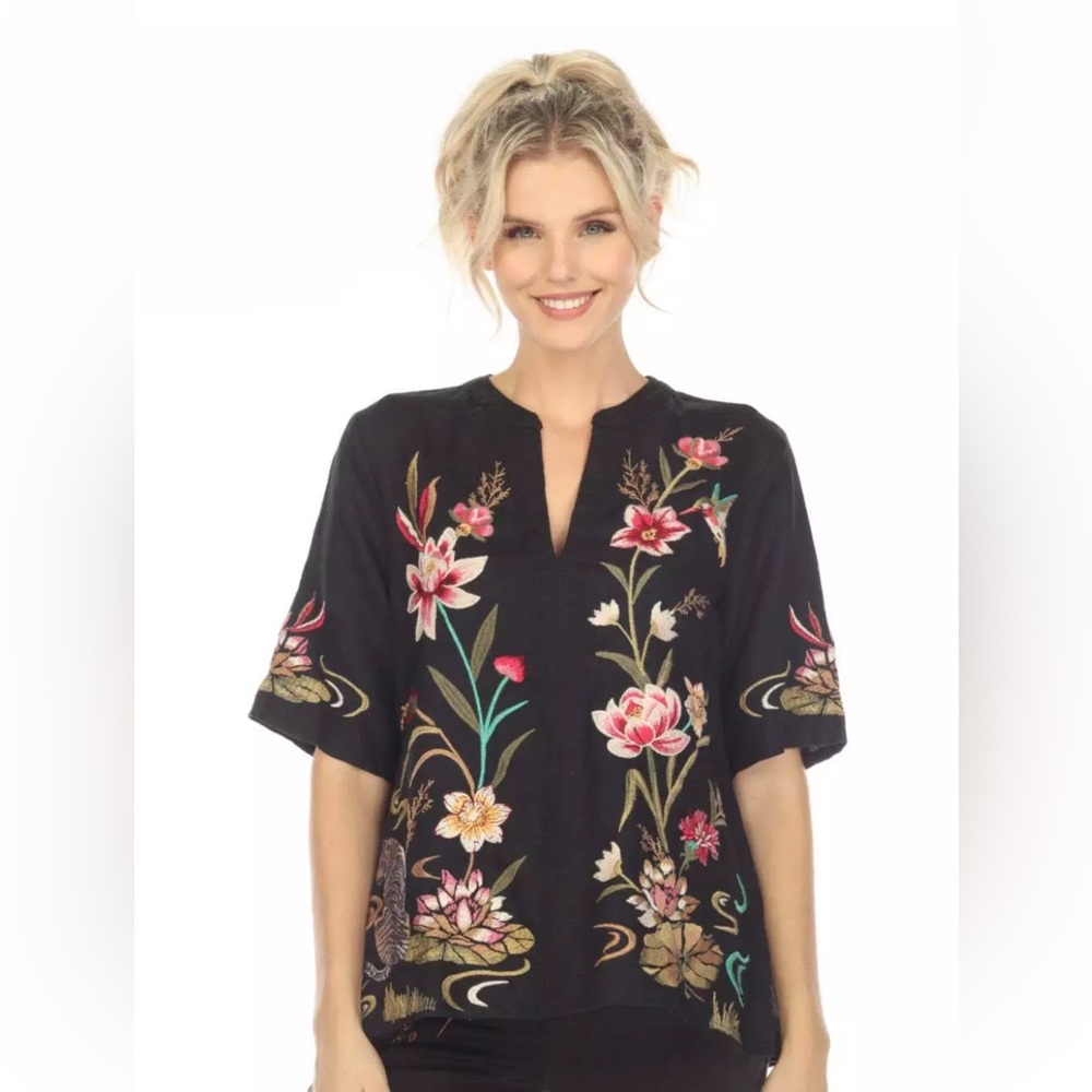 Johnny Was// JWLA Maise Easy V neck Blouse Embroidered Boho Black Size XL
